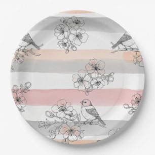 Peach Stripe Floral Bird Elegant (7) Paper Plates