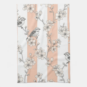 Peach Stripe Floral Bird Elegant (8) Kitchen Towel