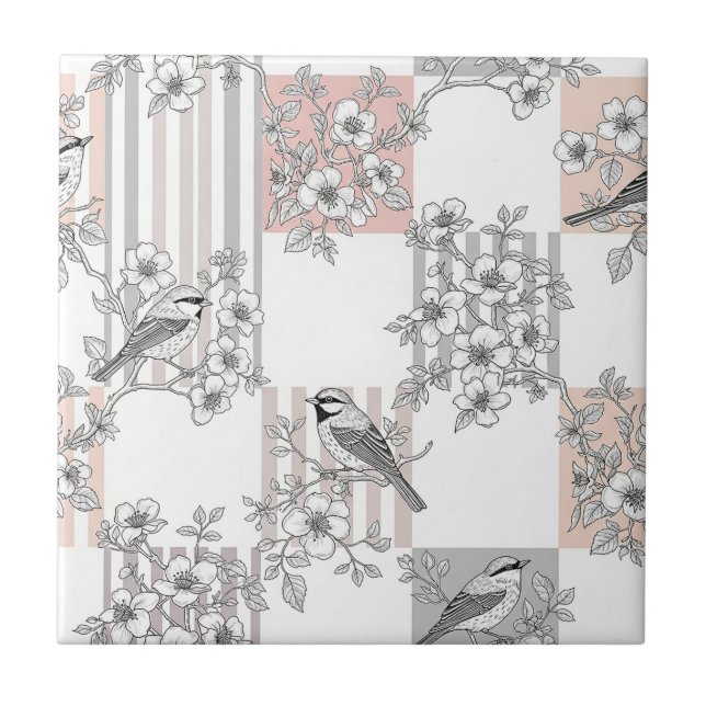 Peach Stripe Floral Bird Elegant (9) Ceramic Tile (Front)