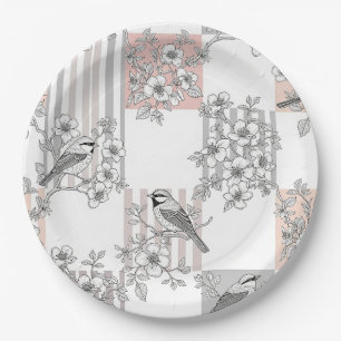Peach Stripe Floral Bird Elegant (9) Paper Plates