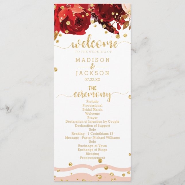 Peach Stripe Floral Gold Confetti Wedding Program (Front)