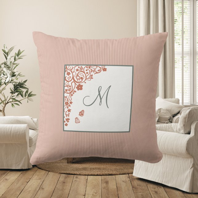 Peach Stripe Terracotta Butterfly Script Monogram Throw Pillow (Creator Uploaded)