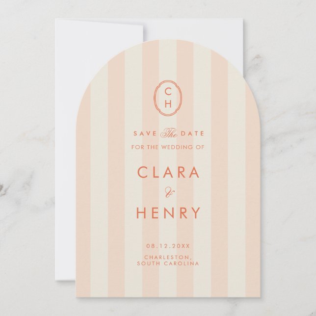 Peach Striped Monogram Save the Date Invitation (Front)