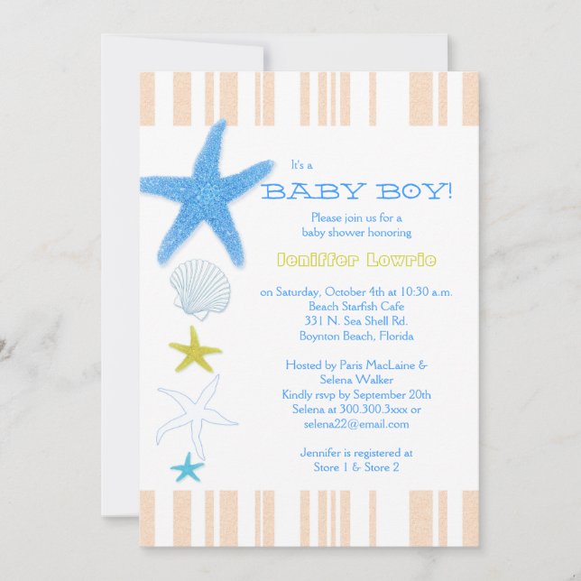 Peach Stripes Blue Beach Baby Boy Baby Shower Invitation (Front)