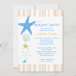 Peach Stripes Blue Beach Baby Boy Baby Shower Invitation
