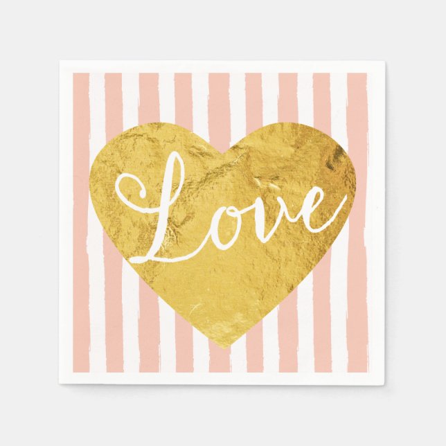 Peach Stripes Fake Gold Love Heart Cute Girly Paper Napkins (Front)