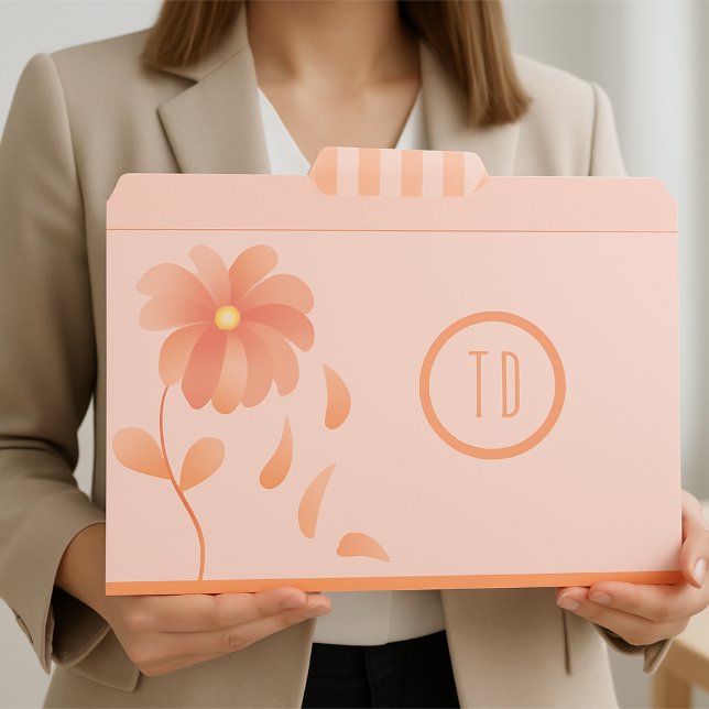 Peach Stripes & Flower Monogram File Folders (Custom soft peach cute and trendy folders for work, home or school.)