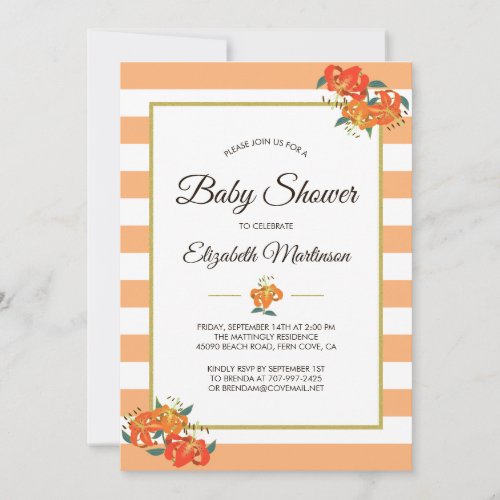 Peach Stripes Tiger Lilies Chic Floral Baby Shower Invitation