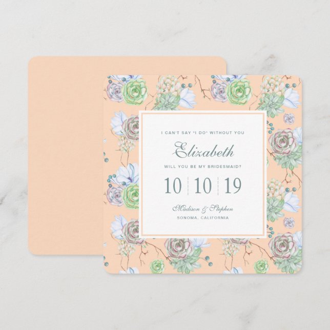Peach Succulents Floral Watercolor - Bridesmaid Invitation (Front/Back)