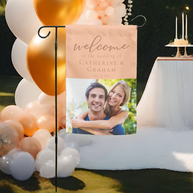 Peach Summer Wedding Couple Photo Welcome Garden Flag (Creator Uploaded)