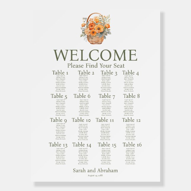 Peach Summer Wedding Seating Chart Foam Board (Front)