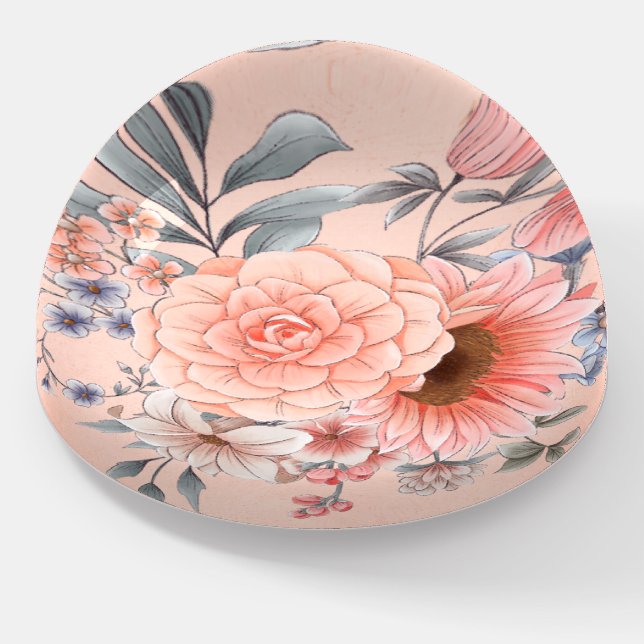 Peach Sunflower with Dahlia and Blue Sage Paperweight (Angled)