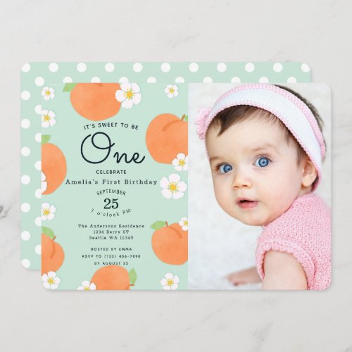 Peach Sweet to Be One 1st Birthday Photo Invitation