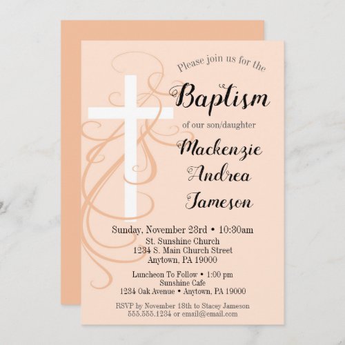 Peach Swirl Cross Baptism Invitation Girl Boy