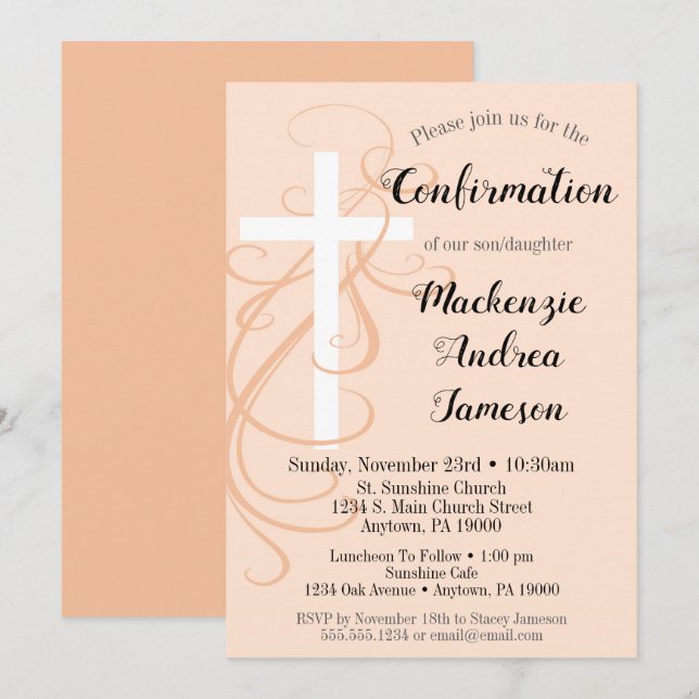 Peach Swirl Cross Confirmation Invitation Girl Boy (Front/Back)