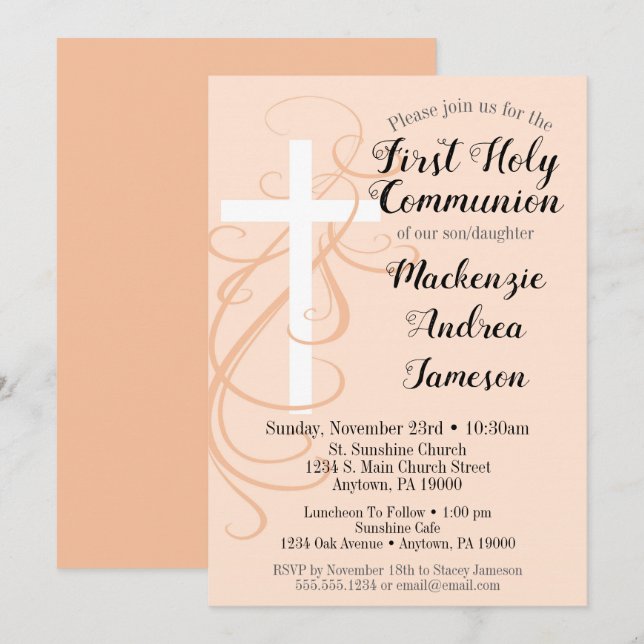 Peach Swirl Cross First Holy Communion Invitation (Front/Back)