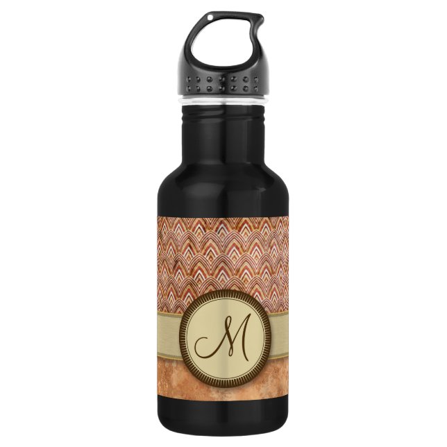 Peach Tan Feather Pattern with Monogram Stainless Steel Water Bottle (Front)