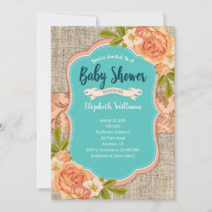 Peach Teal Burlap Watercolor Flowers Baby Shower Invitation
