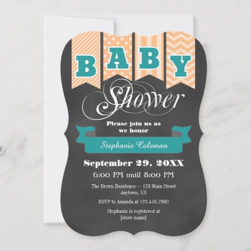 Peach Teal Chalkboard Flag Baby Shower Invite