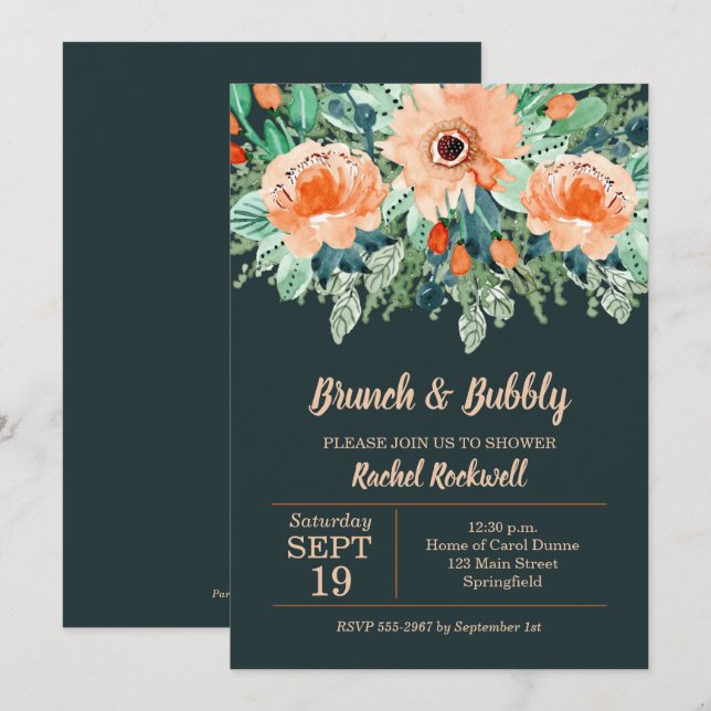 Peach Teal Floral Brunch Bridal Shower Invites (Front/Back)