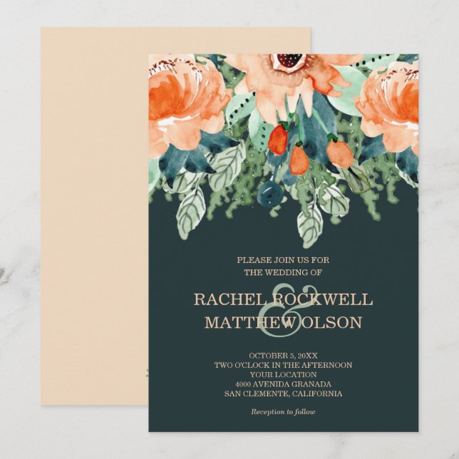 Peach Teal Floral Watercolor Wedding Invitations (Front/Back)
