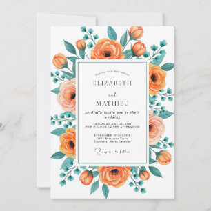Peach Teal Flourishing Floral Wedding Invitation