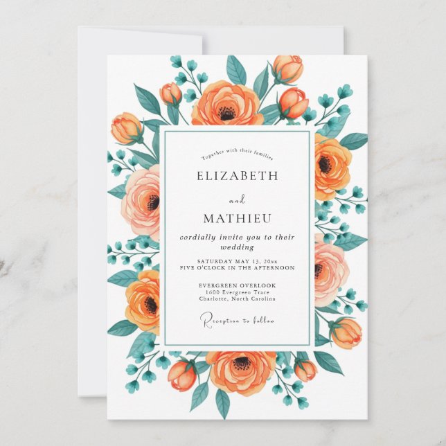 Peach Teal Flourishing Floral Wedding Invitation (Front)