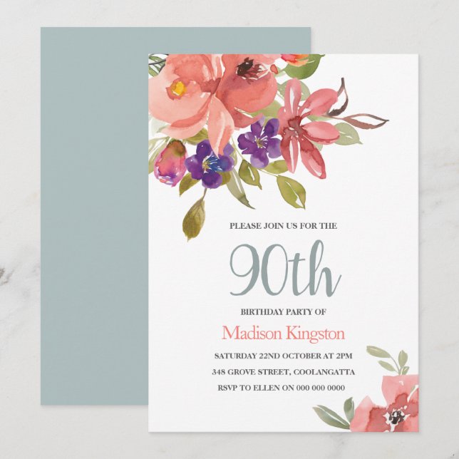 Peach & Teal Flowers 90th Birthday Party Invite (Front/Back)