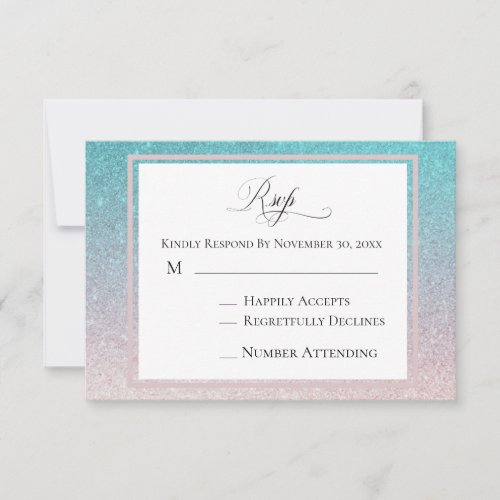 *~* Peach + Teal Glitter Beach AR4 Wedding RSVP Card