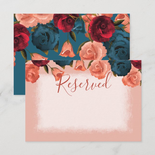 Peach Teal Green Burgundy Rose Wedding Reserved Note Card (Front/Back)
