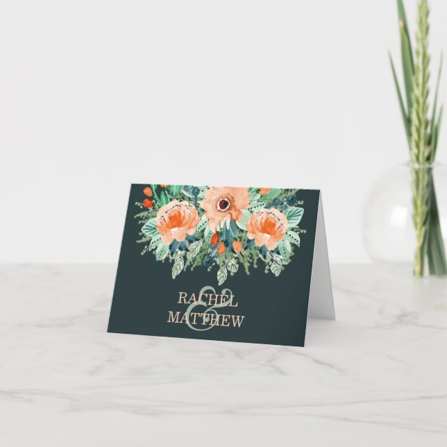 Peach Teal Jade Watercolor Wedding Thank You Card (Front)