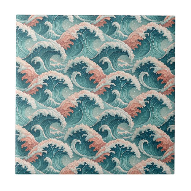Peach & Teal Japanese Ocean Waves Seamless Pattern Ceramic Tile (Front)