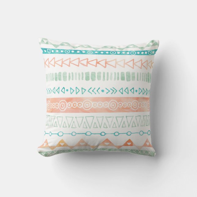 Peach Teal Mint Watercolor Tribal Pillow (Front)