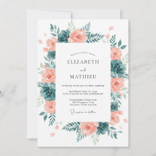 Peach Teal Romantic Watercolor Wedding Invitation