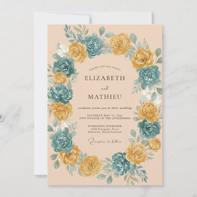 Peach Teal Rose Wreath Wedding Invitation (Front)