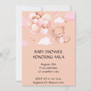 Peach teddy bear baby shower invitation