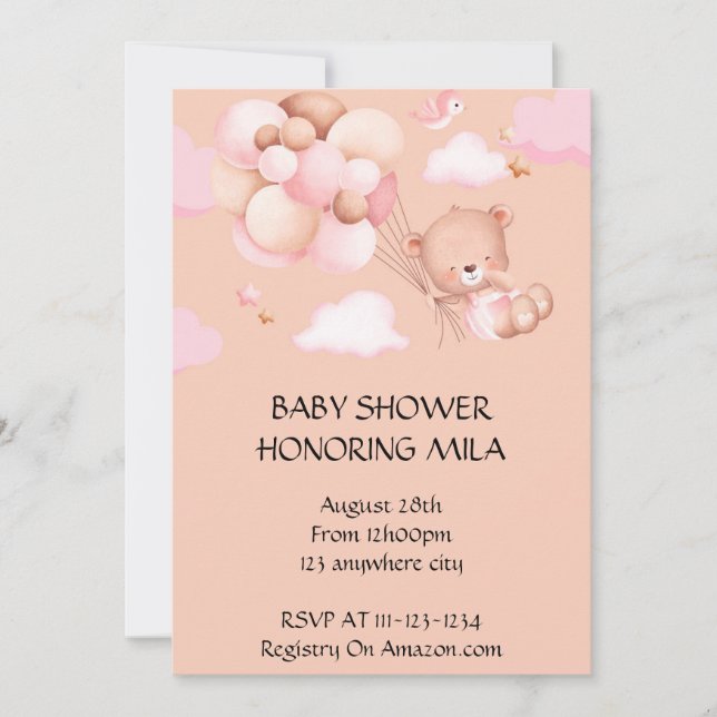 Peach teddy bear baby shower invitation (Front)
