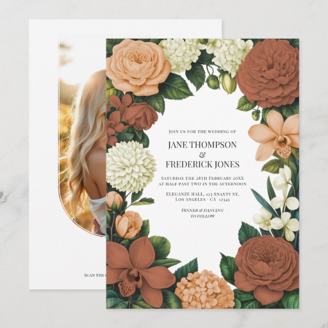 Peach, Terracotta & Cream Floral Wedding Invitation (Front/Back)