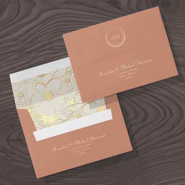 Peach Terracotta Floral Gold Wedding Envelope (Creator Uploaded)