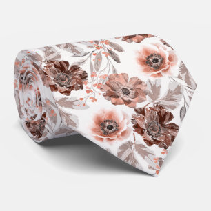 Peach, terracotta flowers on white neck tie