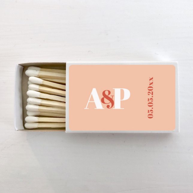 Peach Terracotta Geometric Monogram Wedding Matchboxes (Bold typography wedding monogram matches design in a peach and terracotta color palette)