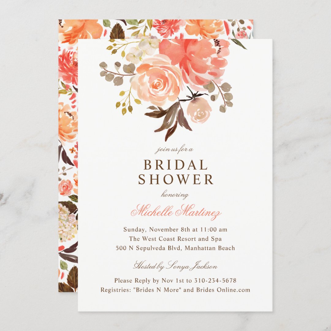 Peach Terracotta Orange Floral Bridal Shower Invitation | Zazzle