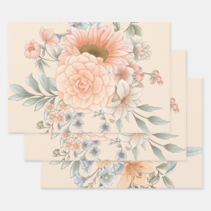 Peach Tone Watercolor Summer Garden Florals Wrapping Paper Sheets