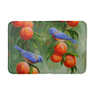 Peach Tree and Western Bluebirds Blue Bath Mat