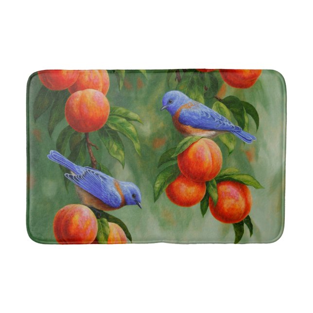 Peach Tree and Western Bluebirds Blue Bath Mat (Front)