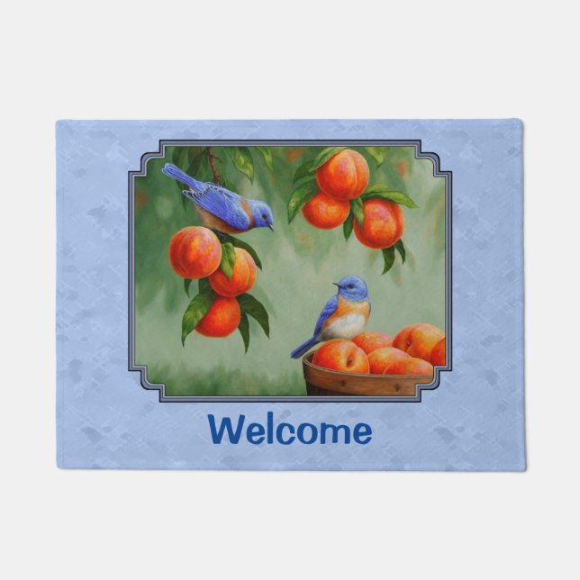 Peach Tree and Western Bluebirds Blue Doormat (Front)