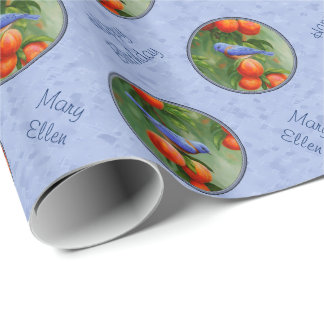 Peach Tree and Western Bluebirds Blue Wrapping Paper