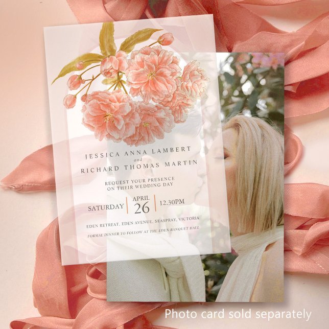 Peach tree blossom watercolor photo wedding arch vellum invitations (Creator Uploaded)