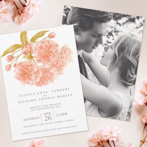 Peach tree blossom watercolor photo wedding invitation