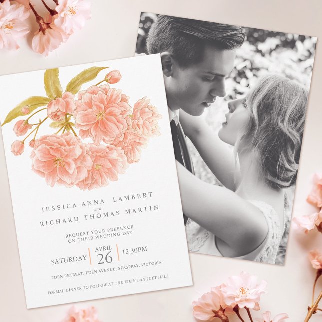 Peach tree blossom watercolor photo wedding invitation (Creator Uploaded)